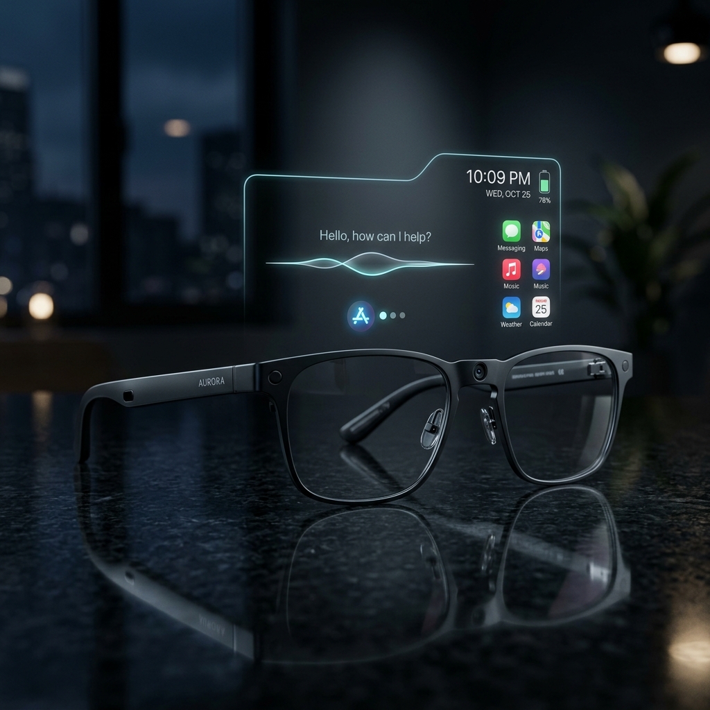 Sleek smart glasses showing a subtle futuristic holographic augmented reality overlay